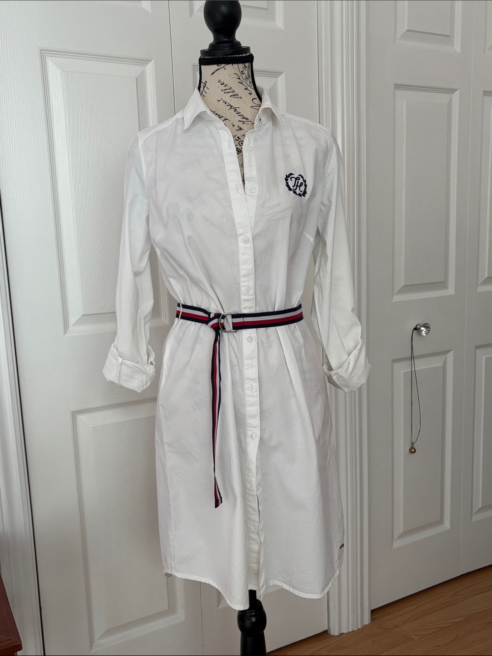 Tommy Hilfiger White Shirt Midi Dress with Signature Stripe Belt